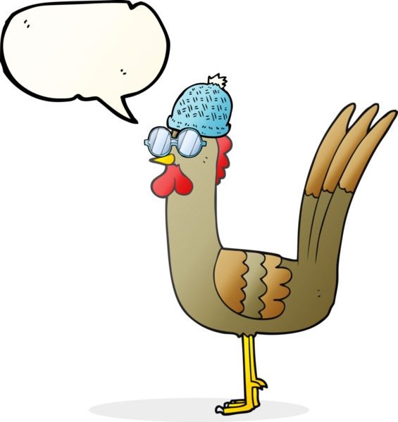 Bir insan tarafından çizilmiş gözlüklü ve şapkalı serbest konuşma balonu tavuğu.