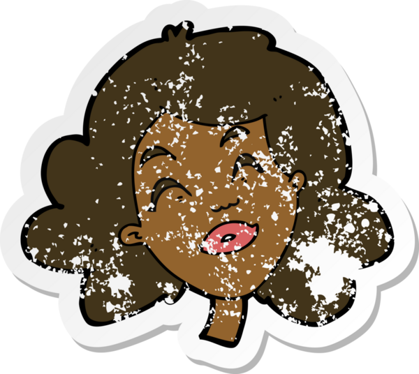 Bir insan tarafından çizilmiş mutlu kadın yüzü karikatürünün gerilimli retro yapıştırması