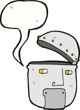 bir insan tarafından çizilmiş konuşma balonlu robot kafası.