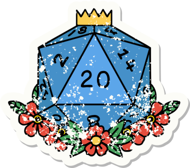 Bir insan tarafından çizilmiş çiçek elementleriyle 20 D20 zarının grunge sticker 'ı.