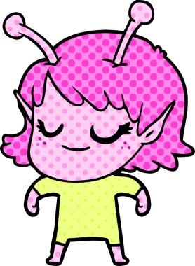 Bir insan tarafından çizilmiş gülümseyen uzaylı kız çizgi filmi.