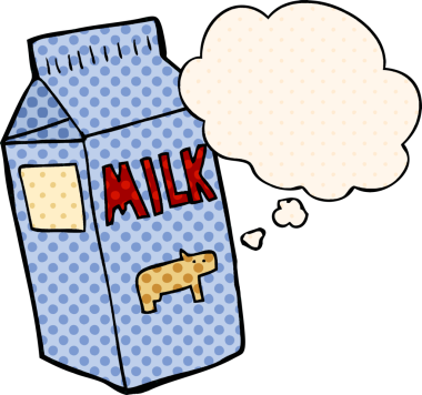 Çizgi roman tarzında bir insan tarafından çizilmiş düşünce balonlu süt kutusu.