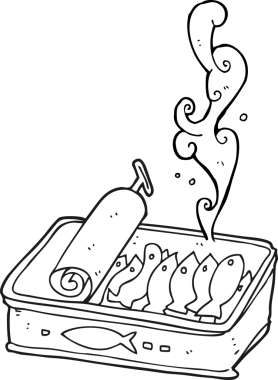 Bir insan tarafından çizilmiş siyah beyaz bir kutu sardalya.