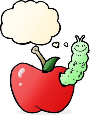 Bir insan tarafından çizilmiş düşünce balonlu elma yiyen çizgi film böceği.