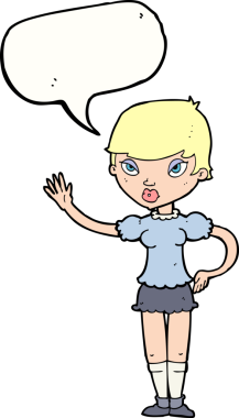 Bir insan tarafından çizilmiş bir konuşma balonuyla el sallayan çizgi film kadını.