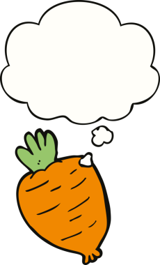 Bir insan tarafından çizilmiş düşünce baloncuklu karikatür kökü sebzesi.