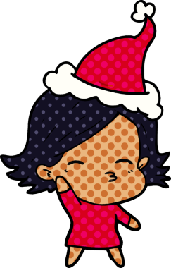 Bir insan tarafından çizilmiş Noel Baba şapkası giyen bir kadının el çizimi çizgi roman tarzı çizimi.