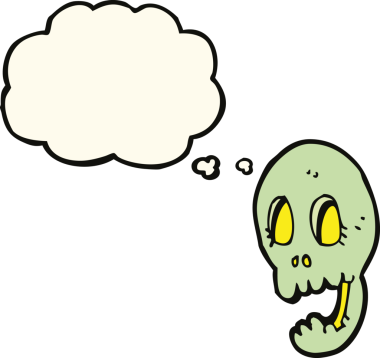 Bir insan tarafından çizilmiş düşünce baloncuklu komik bir kafatası.