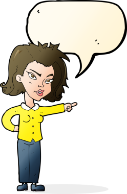 Bir insan tarafından çizilmiş bir konuşma balonuyla işaret eden çizgi film kadını.