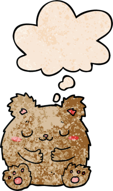 Bir insan tarafından çizilmiş grunge desenli düşünce baloncuğu olan sevimli çizgi film ayısı.