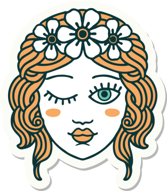 Geleneksel stil dövme çıkartması. Bir insan tarafından çizilmiş yüzü olan bakireler.