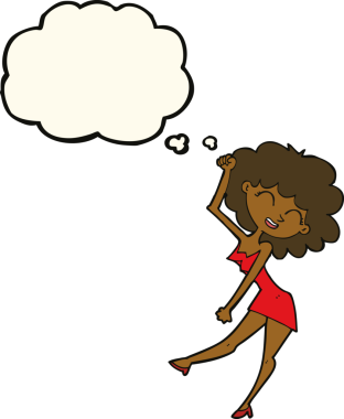 Bir insan tarafından çizilmiş düşünce balonlu çizgi film dansçısı kadın.