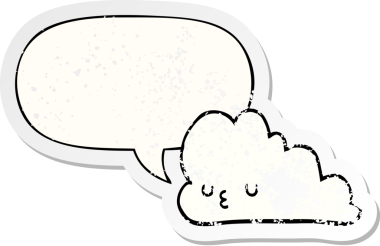 Konuşma baloncuğu olan sevimli çizgi film bulutu bir insan tarafından çizilmiş sıkıntılı eski bir çıkartma