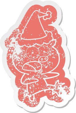 Garip bir çizgi film, bağıran ve tekmeleyen bir domuzun insan tarafından çizilmiş Noel Baba şapkası etiketi.