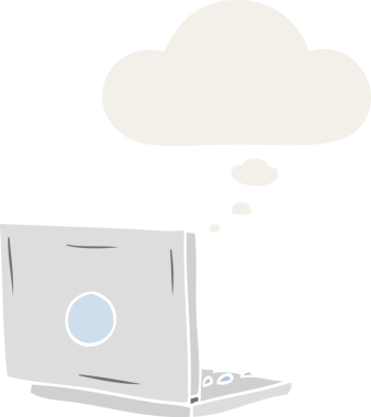 Düşünce baloncuklu karikatür dizüstü bilgisayar insan tarafından çizilmiş.