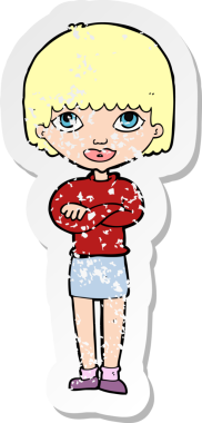 Bir insan tarafından katlanmış kolları olan karikatür bir kadının gerilmiş çıkartması.