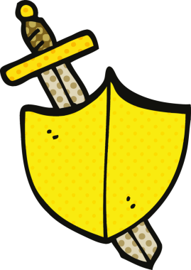 Bir insan tarafından çizilmiş çizgi roman tarzı kılıç ve kalkan.