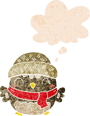 Şapkalı şirin bir baykuş. Grunge 'da düşünce baloncuğu var. Bir insan tarafından çizilmiş desenli.