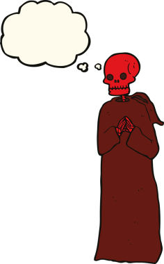 Bir insan tarafından çizilmiş düşünce baloncuklu cüppeli ürkütücü iskelet.