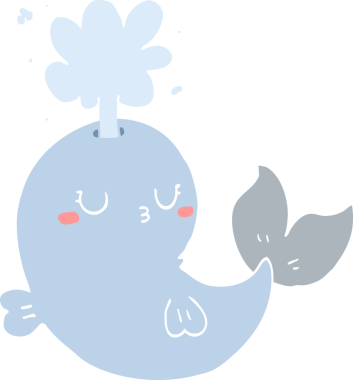 Düz renkli çizgi film balinası bir insan tarafından çizilmiş su püskürtür.