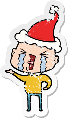 Ağlayan, kel, Noel Baba şapkası takan, insan tarafından çizilmiş, kederli bir karikatür.