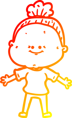 Bir insan tarafından çizilmiş mutlu, yaşlı bir kadının sıcak çizgi çizimi.