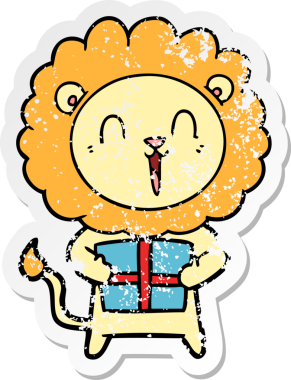 Bir insan tarafından çizilmiş, gülen bir aslan çizgi filminin kederli çıkartması.