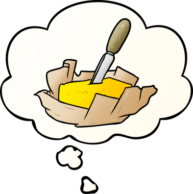 Düşünce baloncuklu çizgi film tereyağı, bir insan tarafından çizilmiş.