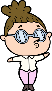 Bir insan tarafından çizilmiş gözlüklü bir karikatür kadın.