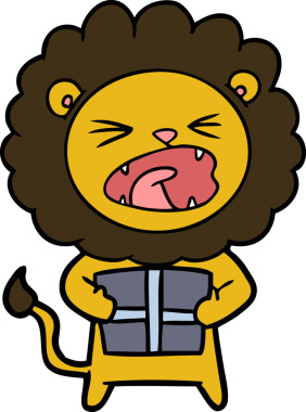 Bir insan tarafından çizilmiş noel hediyeli çizgi film aslanı.