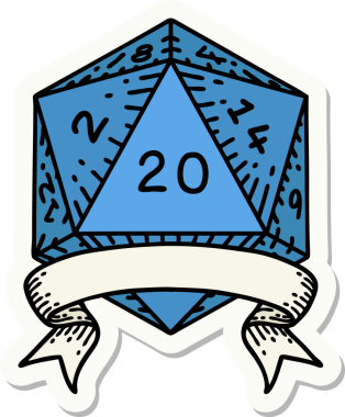 Bir insan tarafından çizilmiş 20 kritik vuruşluk D20 zar etiketi.