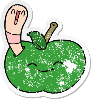 Bir insan tarafından çizilmiş elmanın içindeki mutlu solucanın sıkıntılı çıkartması.