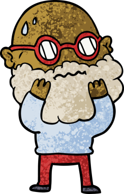 Bir insan tarafından çizilmiş sakallı ve gözlüklü endişeli bir adam.