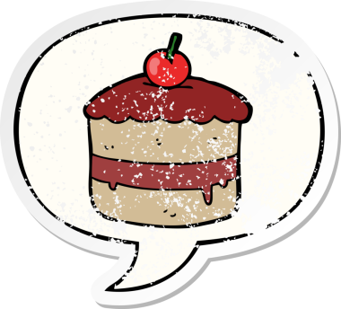 Konuşma balonlu çizgi film pastası bir insan tarafından çizilmiş sıkıntılı eski bir çıkartma