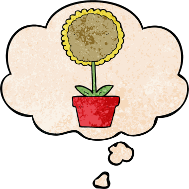 Bir insan tarafından çizilmiş grunge desen tarzında düşünce baloncuğu olan sevimli çizgi film çiçekleri.