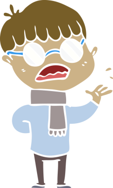 Bir insan tarafından çizilmiş gözlük takan düz renkli çizgi film çocuğu.