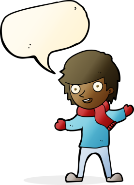 Bir insan tarafından çizilmiş konuşma baloncuğu olan kış kıyafetleri içindeki çizgi film çocuğu.