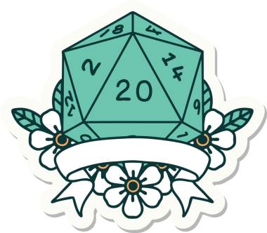 Bir insan tarafından çizilmiş 20 kritik vuruşluk D20 zar etiketi.