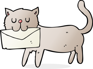 Bir insan tarafından çizilmiş bir mektup taşıyan çizgi film kedisi.