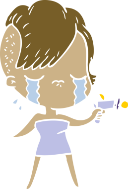 Düz renkli çizgi film karakteri ağlayan kız bir insan tarafından çekilen ışın tabancasını doğrultuyor.