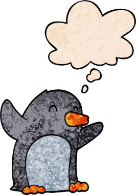 Bir insan tarafından çizilen grunge desenli düşünce baloncuğu ile çizgi film penguenleri heyecanlandırdı.