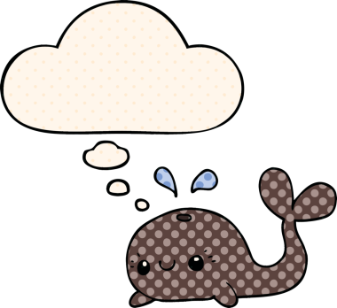 Bir insan tarafından çizilmiş çizgi roman tarzında düşünce baloncuğu olan şirin bir balina.