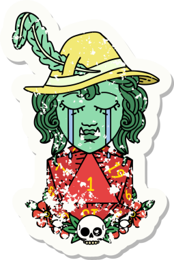 Ağlayan bir ozan ozan karakterinin grunge çıkartması. Doğal bir D20 ruloyla bir insan tarafından çizilmiş.