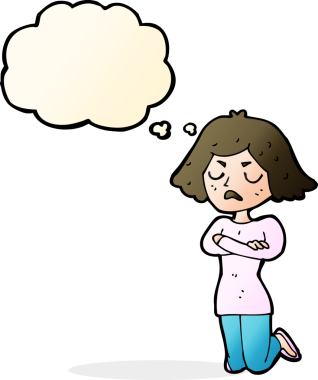 Bir insan tarafından çizilmiş düşünce baloncuğuyla rahatsız bir kadın.