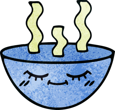 Bir insan tarafından çizilmiş sıcak çorba kasesinin retro grunge desenli karikatürü.