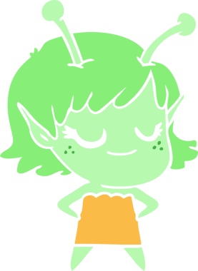 Gülümseyen uzaylı kız düz renkli çizgi film bir insan tarafından çizildi.