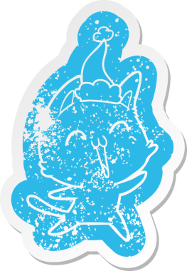 Mutlu bir çizgi film. Bir insan tarafından çizilmiş Noel Baba şapkası takan bir kedinin hüzünlü çıkartması.