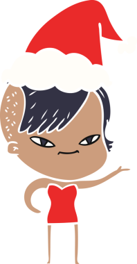 Sevimli el çizimi düz renk çizimi. Hipster saç kesimi olan bir kız. Noel Baba şapkası takıyor.