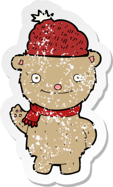 Bir insan tarafından çizilmiş şapkalı çizgi film ayısının gerilimli çıkartması.