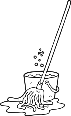 Bir insan tarafından çizilmiş siyah beyaz karikatür paspas ve kova.